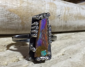Adjustable ring with silver and gold Australian Boulder opal with diamonds