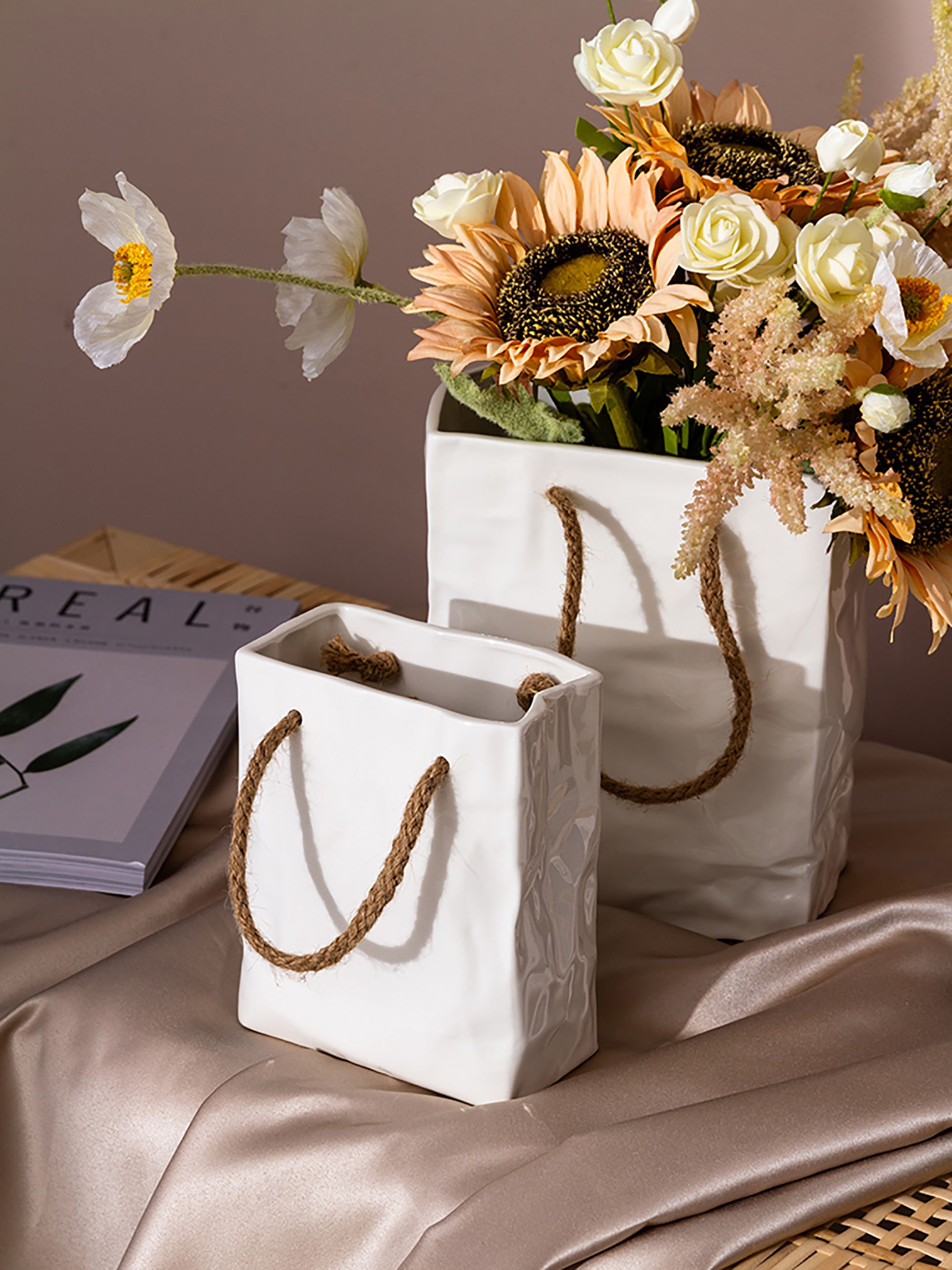 Paper Bag Shaped Ceramic Vase with Hemp Rope Handle White Etsy