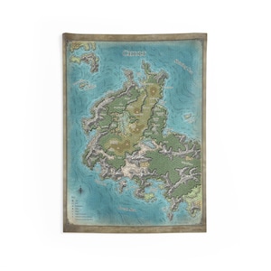 May include: A rectangular tapestry featuring a detailed map of a landmass. The map is labeled "Chult" and includes geographical features like mountains, forests, and bodies of water. The color palette includes shades of green, brown, and blue, with a tan border.