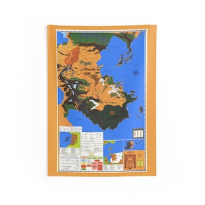May include: A rectangular wall tapestry featuring a detailed fantasy map with large orange landmasses surrounded by blue oceans. The map includes various smaller inset charts, text blocks, and a compass rose, all framed by a solid orange border.
