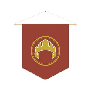 May include: A burgundy banner with a gold emblem of a crown inside a circle. The banner is suspended from a wooden rod with a string for hanging. The emblem is a stylized crown design.