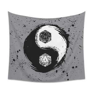 May include: A black and white yin yang symbol with a 20-sided die on the white side and a 20-sided die on the black side. The background is a gray color with black splatter paint.
