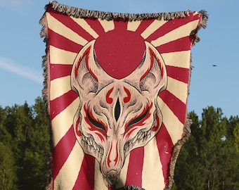 Kitsune Rising Woven Blanket | Fox Spirit Throw Blanket | Traditional Japanese Art | Mythology Home Decor |  52x37, 50x60 & 60x80