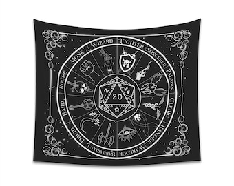 DnD 5e Custom Indoor Wall Tapestry | Black and White Dungeons and Dragons Class Zodiac Astrology Signs