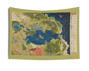 Tapiz de pared para interiores con mapa del Reino del Dragón de la 13ª Era / Mapa de rol a color } 26" x 36"
