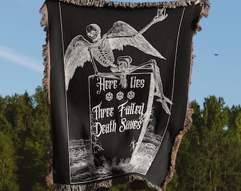 Three Failed Death Saves Vintage Horror Woven Blanket : Vintage Novelty Blanket for Dorm Decor, Naps, Skull Decor, Gift for Him or Her