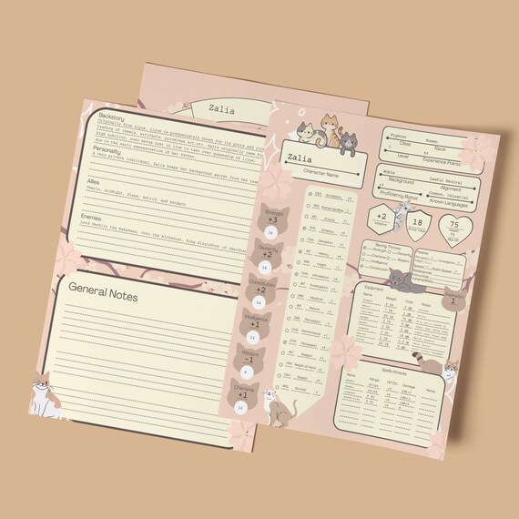 Printable D D 5e Fillable Cute Cats Character Sheet Blank Etsy Israel