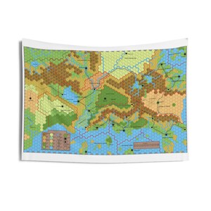 May include: A detailed map of a fictional land with hexagonal tiles representing different terrain types, including water, forest, mountains, and plains. The map features roads, rivers, and cities. The map is printed on a white background.