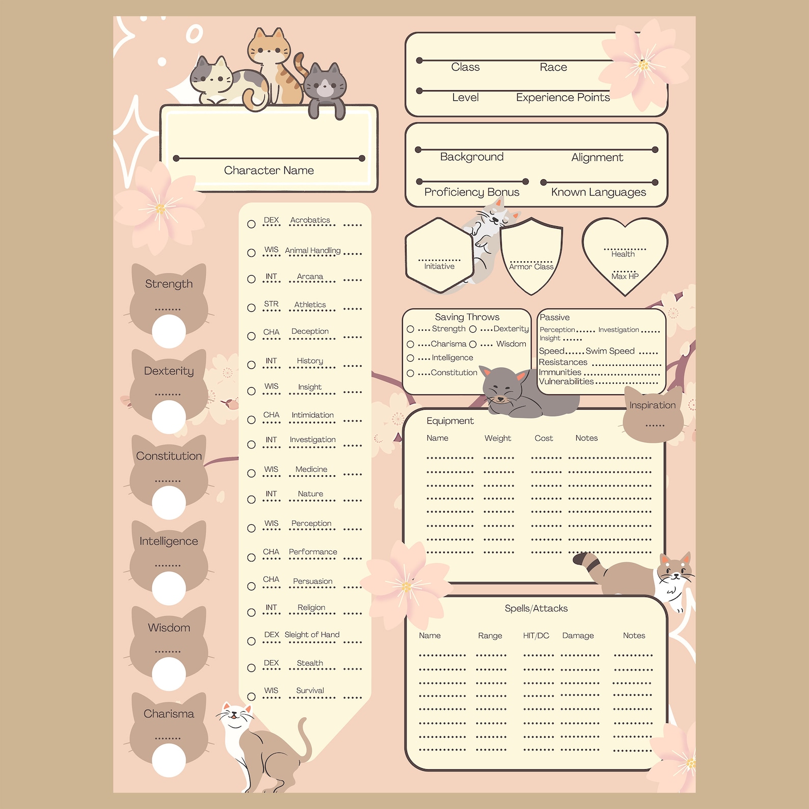 PRINTABLE D&amp;D 5e fillable Cute Cats character sheet Blank | Etsy