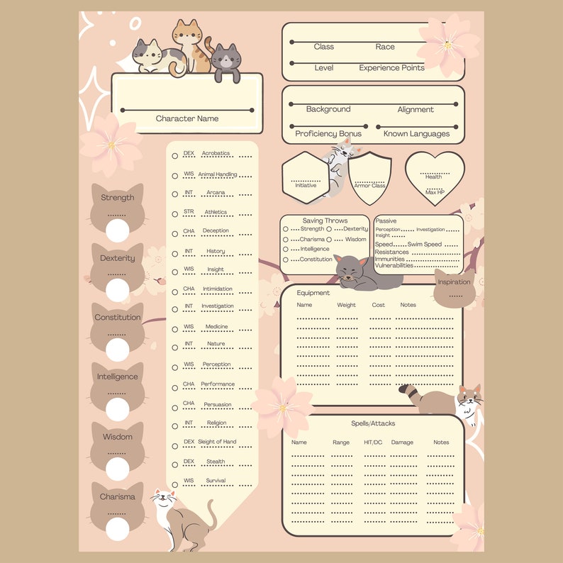 PRINTABLE D&D 5e fillable Cute Cats character sheet Blank template image 3