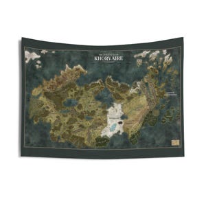 May include: A large tapestry featuring a detailed map of the continent of Khorvaire. The map is rendered in shades of green, brown, and blue, with text indicating regions and locations. The tapestry has a dark green border and is displayed against a white background.