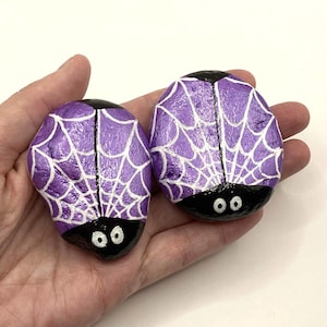 Pair of Metallic cobweb Bugs - Garden Decor - Indoor Decor - Halloween Ornaments - Spooky - Purple Stones - UK Rocks - Fairy Garden Ideas