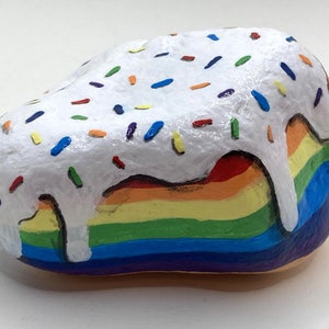 Large Rainbow Rock Cake - Hand painted Rock - Rainbow Stone - Kitchen Ornament  - Outdoor Decor - Bakery Cake Rocks - Decorated Rocks