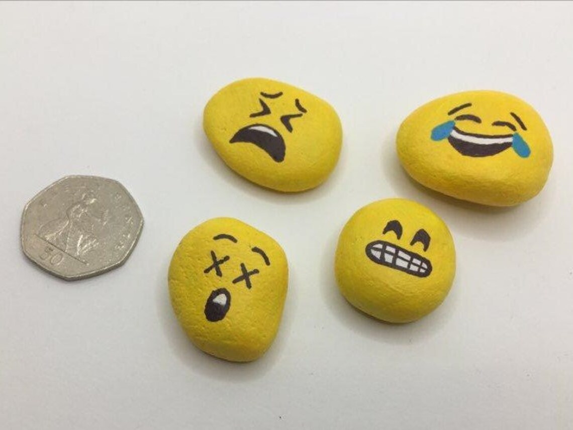Set of 4 Hand Painted Emoji Stones Garden and Indoor Decor Etsy