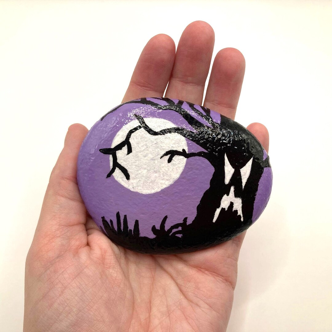 Grey Spooky Rocks Halloween Haunted Tree Flat Rock - Happy Halloween - Spooky Stone Decor ...