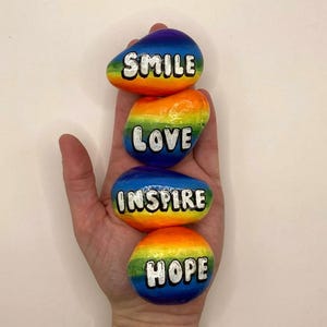 Set of 4 Hand Painted Rainbow Affirmation Inspirational Word Stones Rock - Indoor and Kitchen Decor - Postivity Rocks - Rainbow Word Stones