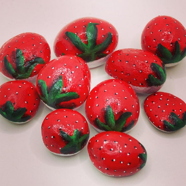 Tiny, Small, Large Painted Strawberries - Stones Rock - Kitchen Decor - Strawberry Rocks - Garden Strawberry Stones - Made to order