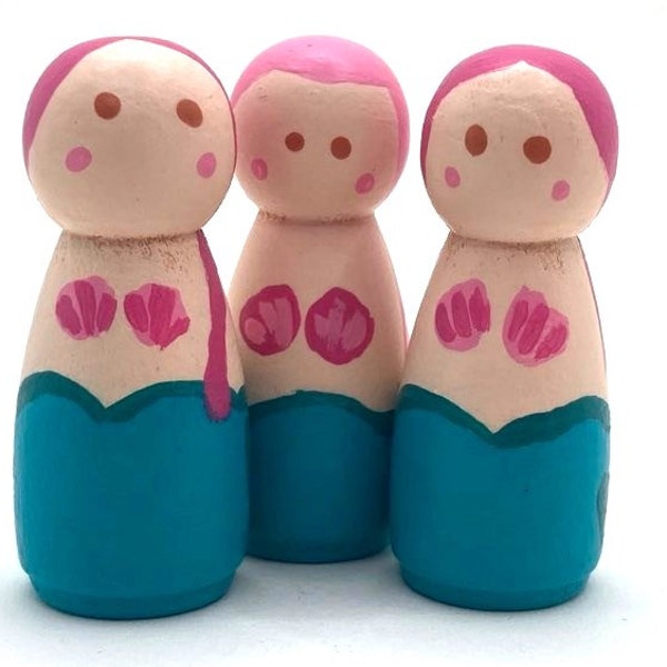 3 Mermaid Peg Doll Set - Bag of Dolls - Early Learning - Story Peg Dolls - Three Little Mermaid Toys for Kids - Imaginary Play