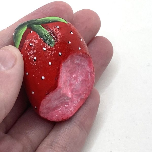 Realistic Bitten Strawberry Rock - Hand Painted Rock - Kitchen Decor - Acrylic Rocks - Strawberry Stones - Garden Strawberry Stones - Food