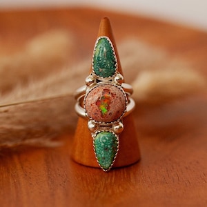Genuine Sonoran Turquoise and Mexican Opal Ring/ Turquoise Ring/ Opal Ring/ Sterling Silver Ring/ Gemstone/ made in the USA