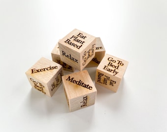 Six Custom Laser Engraved Solid Birch Wellness Dice