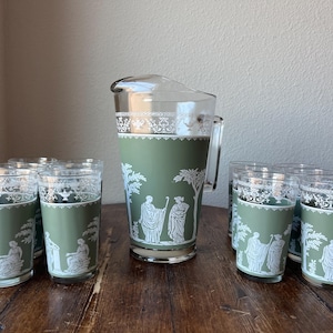 MCM Jeannette Glassware Hellenic Green Set of 60oz Pitcher and 12 8oz Flat Tumblers Glasses