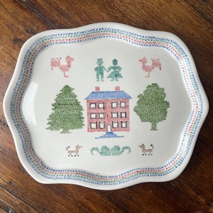 Rectangular Ceramic platter with handpainted home by Louise Mathis 1983