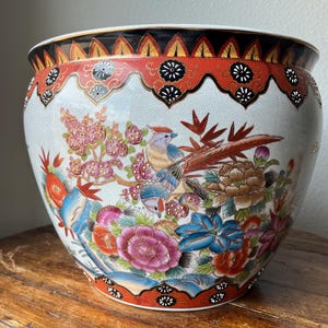 Vintage Chinoiserie Large Porcelain Koi Fish Planter Bowl Cachepot 11&quot;