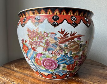 Vintage Chinoiserie Large Porcelain Koi Fish Planter Bowl Cachepot 11"