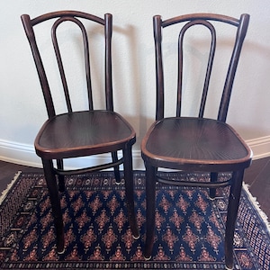 May include: Two dark brown wooden chairs with curved backs and seats. The chairs are placed on a patterned blue rug. The chairs have a classic design, with a curved backrest and a rounded seat.