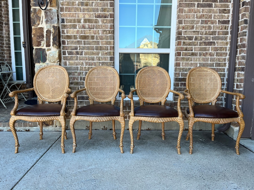 Set of 2 Carved Wood Armchairs: Twisted Rope Motif, Cane Back, Faux ...