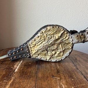 Antique Fireplace Bellows Black Leather and Wood with Embossed Brass Design