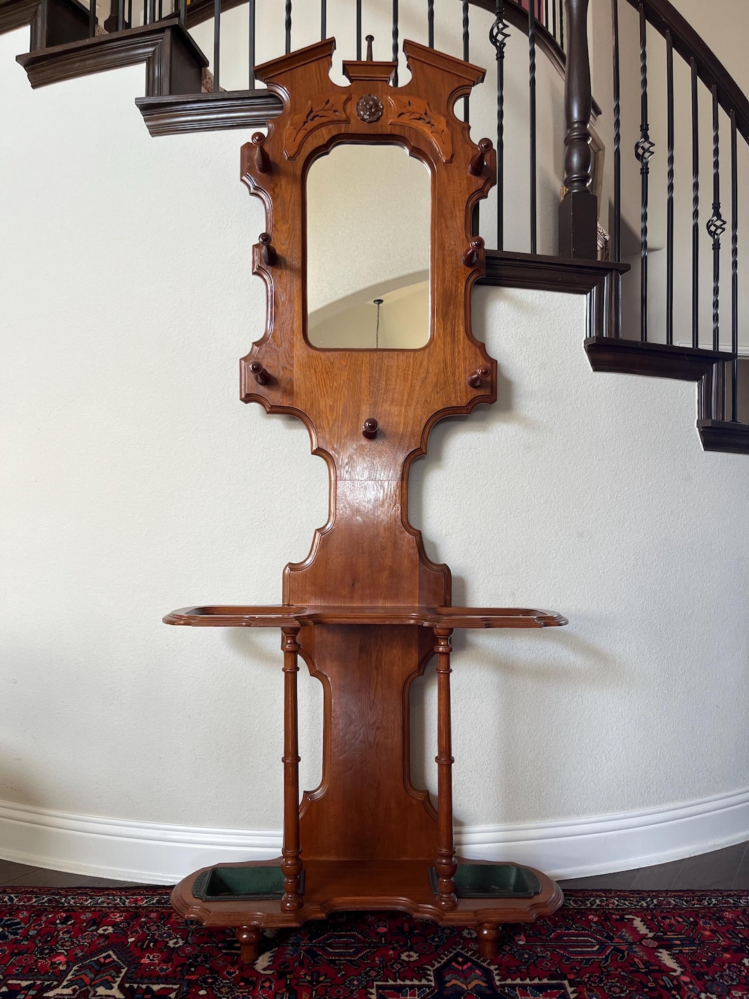 Antique Early 1900s Victorian Style Hall Tree With Mirror