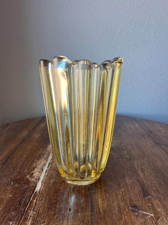 Vintage Fostoria Celestial Amber Yellow Glass Vase Ribbed and Fluted design