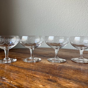Set of 4 Etched Antique French Crystal Champagne coupes