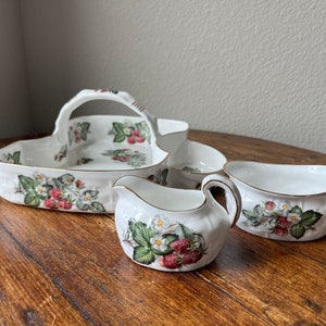Vintage Hammersley Sugar and Creamer Basket Tray Set Strawberry Ripe Pattern Bone China