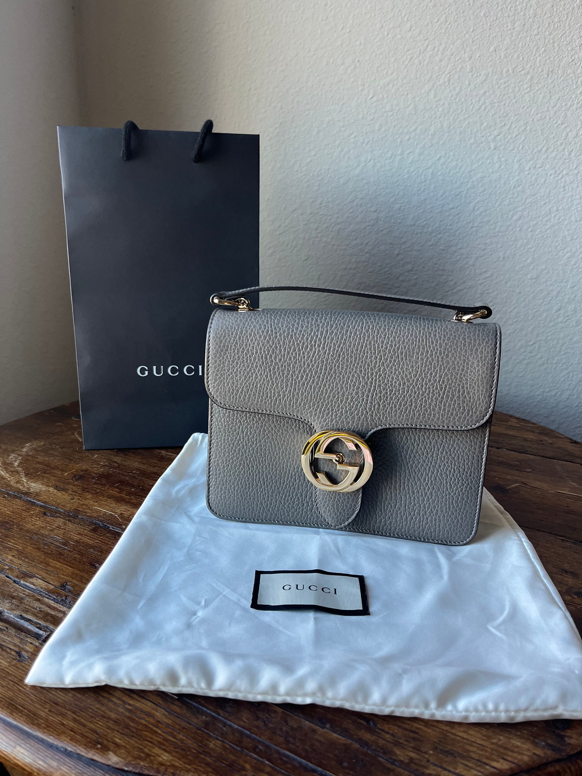 Gucci Gray Interlocking G Chain Leather Crossbody Bag Grey