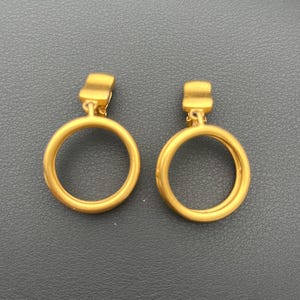 Vintage 1980&#39;s Runway Couture Givenchy Matte Gold Tone Metal Clip on Earrings, Circle Dangling, Designer Jewelry