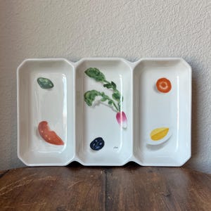 Porcelaine de Paris 3-divided Plate Tray Made in France, Vegetable Handpainted Design