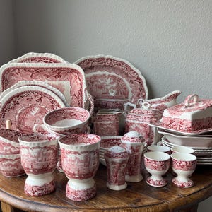 Mason's Pink Vista Pattern Ironstone Collection Antique and Vintage Dinnerware and Serveware