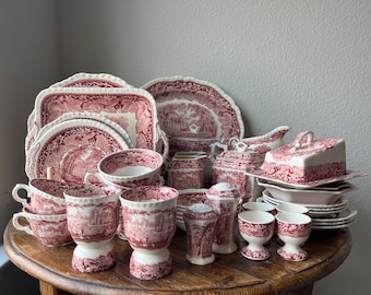 Mason&#39;s Pink Vista Pattern Ironstone Collection Antique and Vintage Dinnerware and Serveware