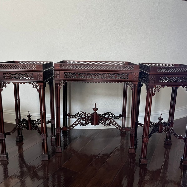 Chinese/Asian Chippendale Style Wood-Carved Fretwork Tea Table and 2 Side Table Set