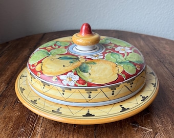 Firenze Made in Italy Terracotta Pottery Handpainted Covered Dish For Butter or Cheese Serveware, Lemon Motif