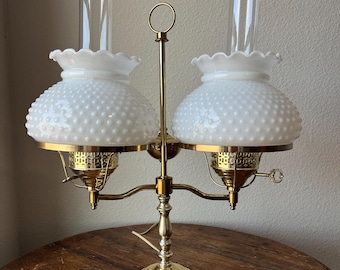 Vintage Milk Glass Double Arm, Double Globe Student Lamp Classic Fenton Hobnail