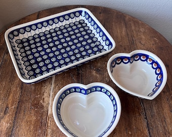 Sold separately - Polish Pottery Boleslawiec Baker Rectangular Tray and Heart Shaped Bowls