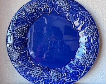 Bordallo Pinheiro Embossed Grapes, Vines and Leaves Cobalt 14" Chop Plate, Platter