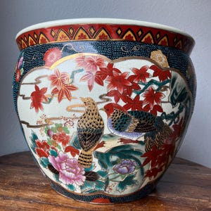 Vintage Chinoiserie Large Porcelain Koi Fish Planter Bowl Cachepot 11&quot;