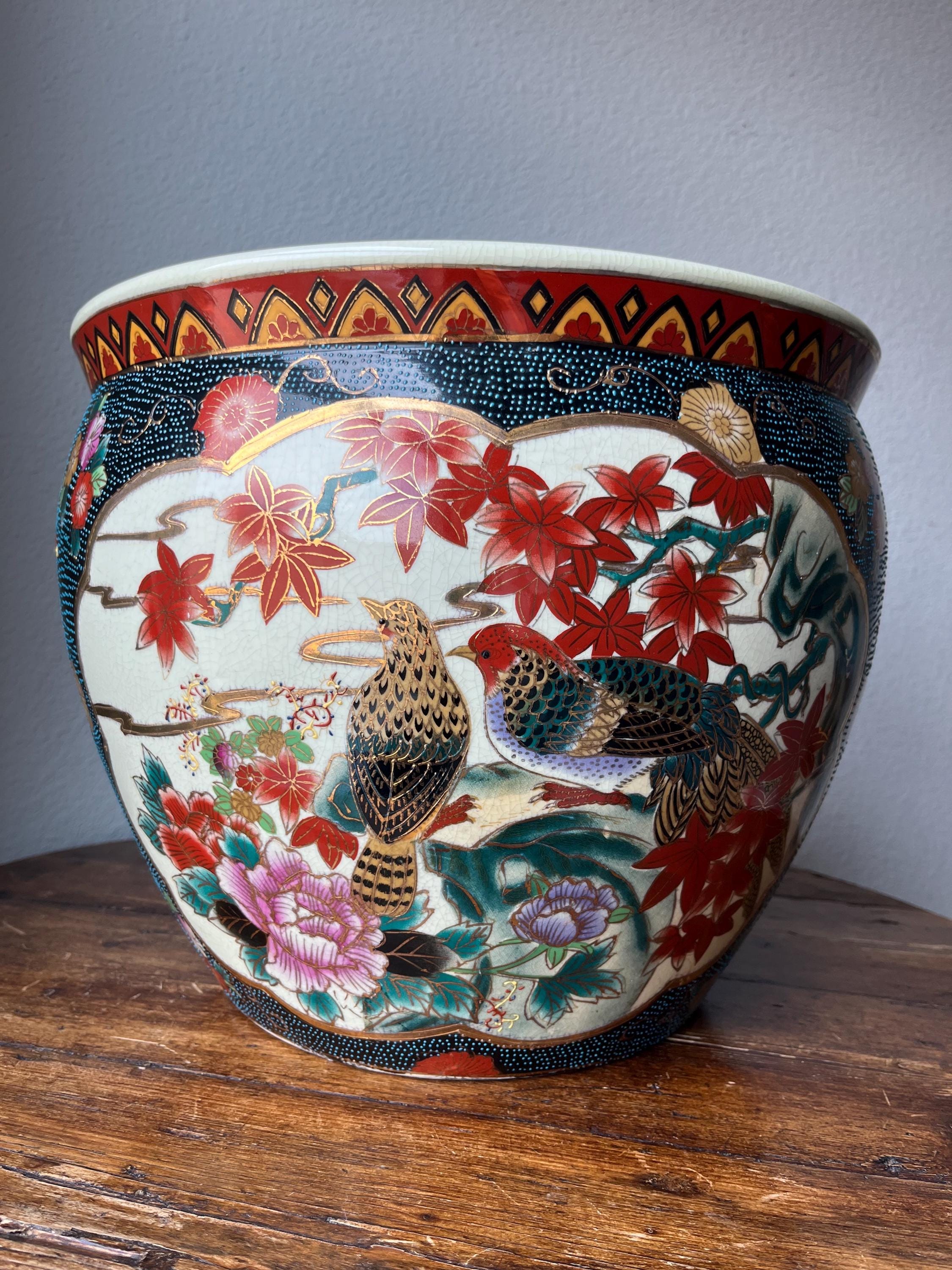 Vintage Chinoiserie Large Porcelain Koi Fish Planter Bowl Cachepot 11"