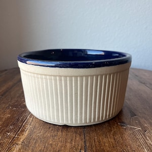 Vintage The Great American Stoneware Factory Soufflé Bowl 3601 7.5&quot;, Ribbed, Cobalt Blue, Oven to tableware