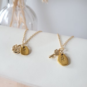 Personalized Cat Lock and Key Charm Necklace Set, Unlock Your Heart, Gold Plated Chain, Valentines Gift, Matching Set, Miniature, Cat Lover